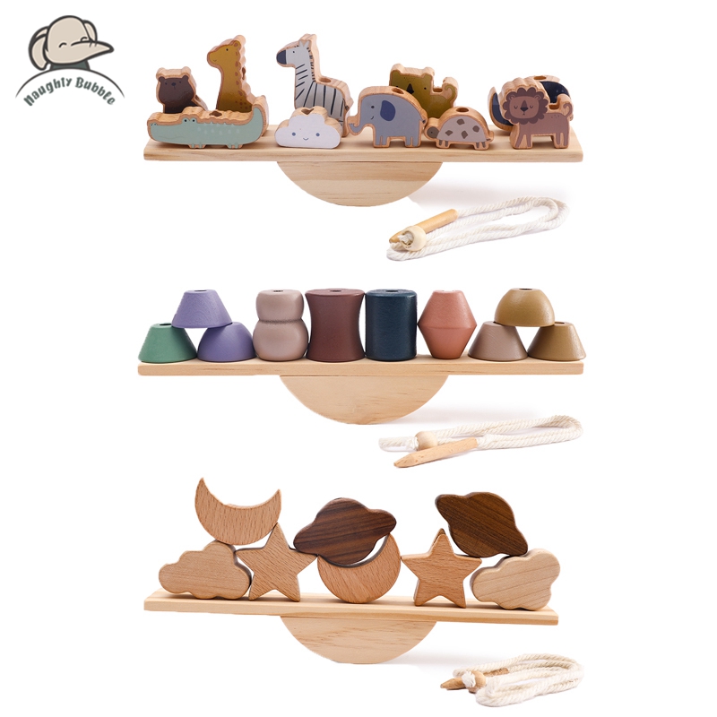Board Game With Questions - Baby Animal Threading Toys Wooden Seesaw